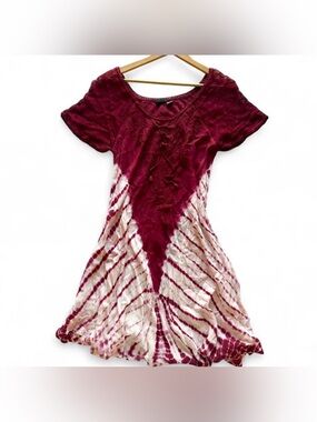 Burgundy and White Tie-Dye Embroidered Boho Hippie Dress